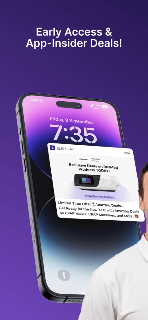 Sleeplay - Sleeplay app notification showing exclusive insider deals on ResMed CPAP machines and supplies.