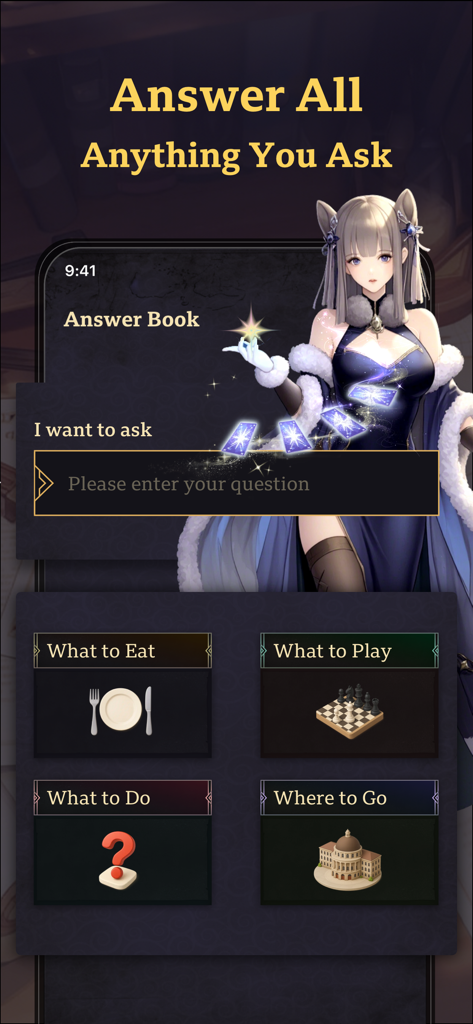 Interfaz de la aplicación Ask Book con un personaje de anime y categorías de decisiones como Qué Comer y Dónde Ir
