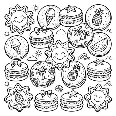Indulge in a delightful summer treat with this enchanting coloring page filled with adorable cookies and macarons. Perfect for a sunny afternoon, each sweet design invites you to unleash your creativity.