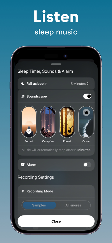 Snore Tracker : Record Snoring - Snore Tracker app interface for selecting sleep music soundscapes and setting a sleep timer.