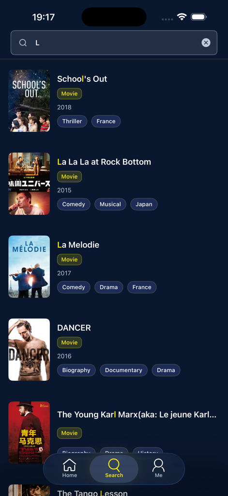LOKTV: Video Player HD - A list of movies displayed in the LOKTV app search results interface