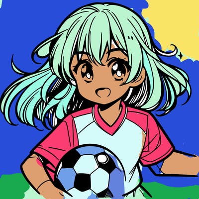 a magna girl with brown eyes and blue and brown hair playing soccar