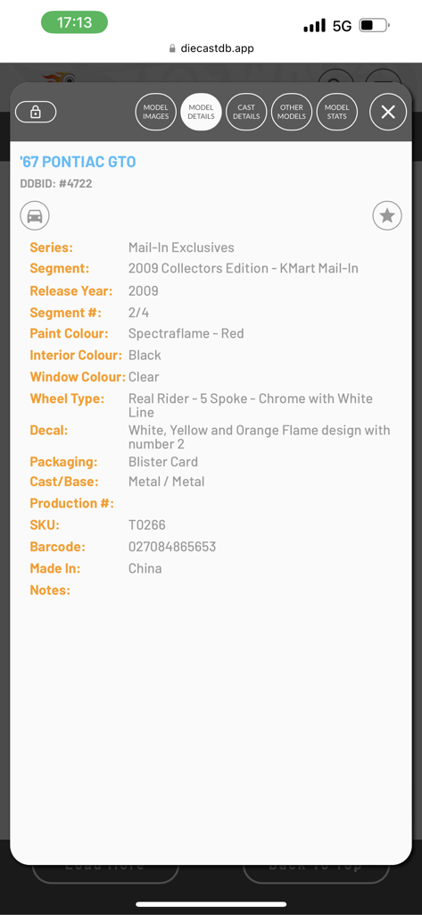DiecastDB - A screenshot of the DiecastDB app displaying detailed information and specifications for a 67 Pontiac GTO diecast car