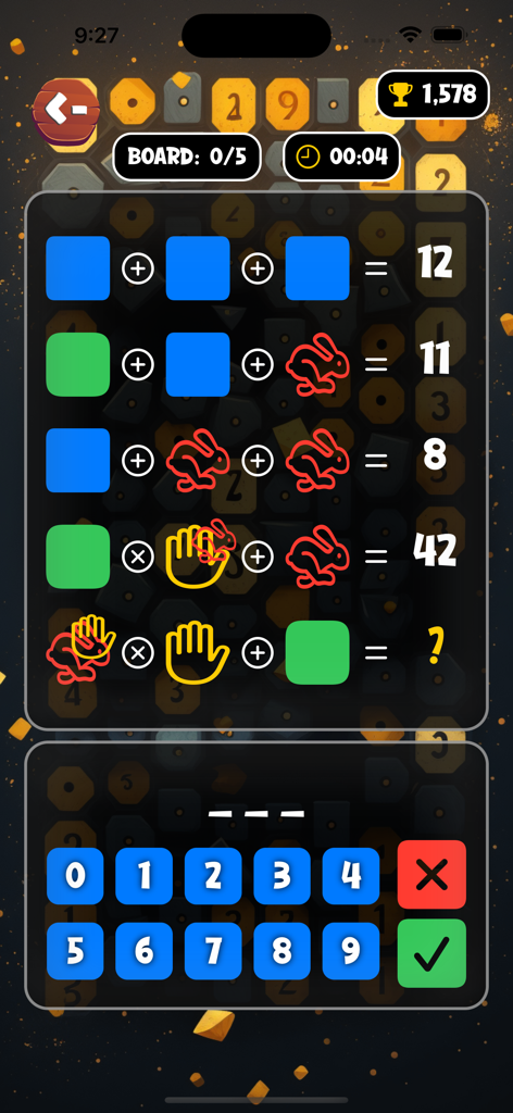 Brain Quiz Master - Brain Quiz Master math puzzle grid with icons and number pad.