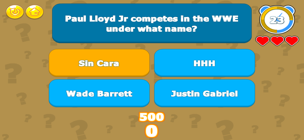 Wrestling Trivia­ - A screenshot of the Wrestling Trivia mobile game showing a question about a WWE superstar with four answer options.