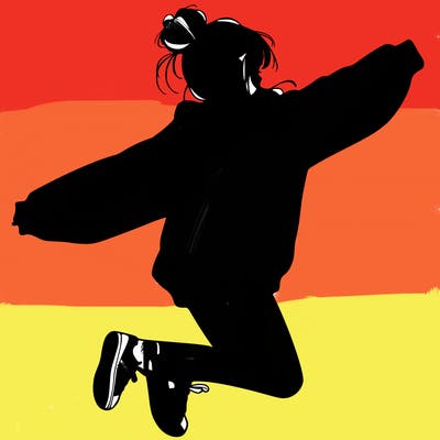 realistic girl jumping with a bun and oversized sweatshirt