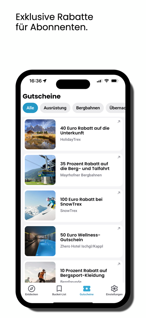 モバイルアプリの画面。ホテルやマウンテンアクティビティの限定旅行割引が表示されています。
