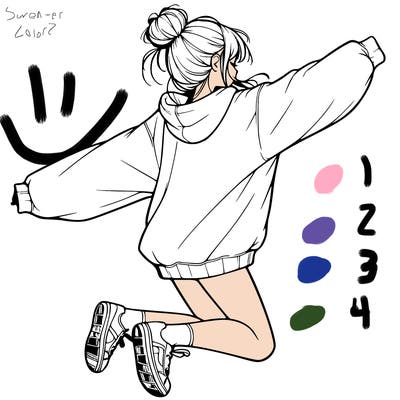 realistic girl jumping with a bun and oversized sweatshirt