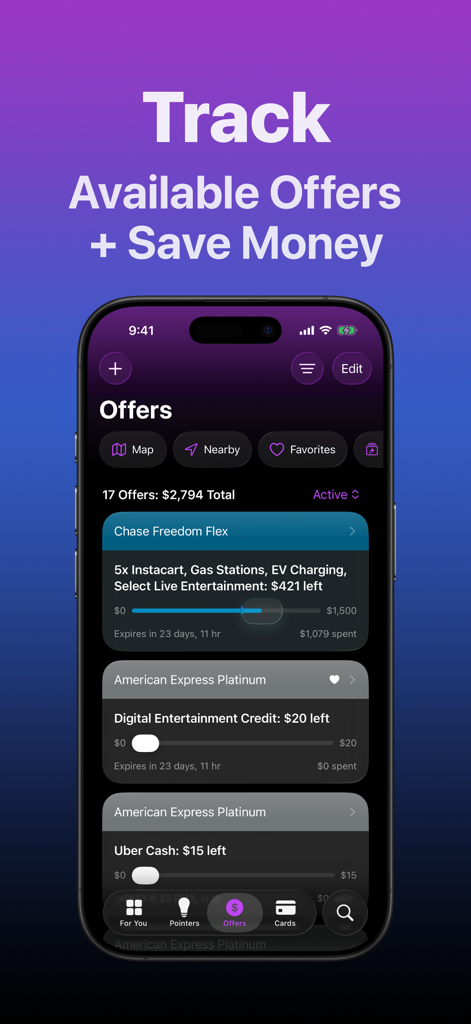 Screenshot dell'interfaccia dell'app CardPointers che mostra le offerte tracciate delle carte di credito e i potenziali risparmi per carte Chase e American Express.
