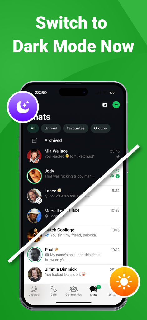 Whats-App Web Scanner - A split screen demonstration of the app interface in both dark and light modes.