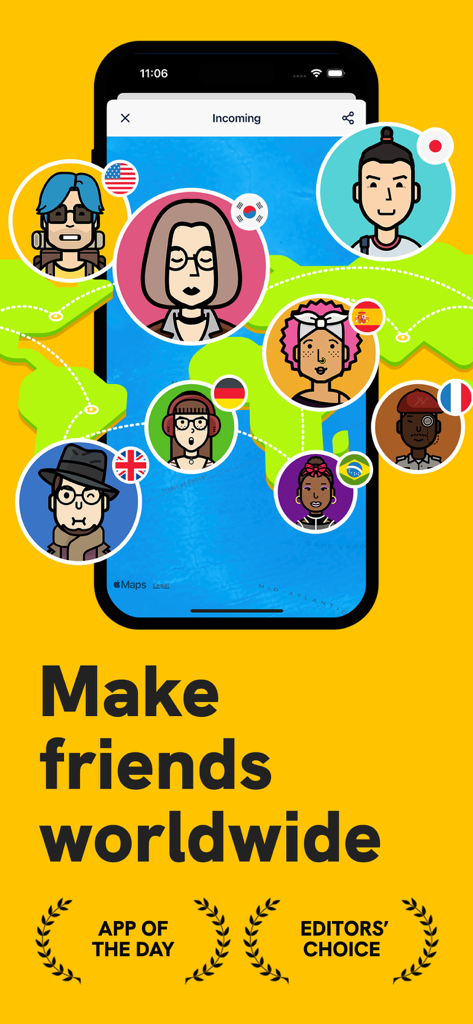 Slowly app interface showing diverse user avatars and country flags on a world map with the text Make friends worldwide.