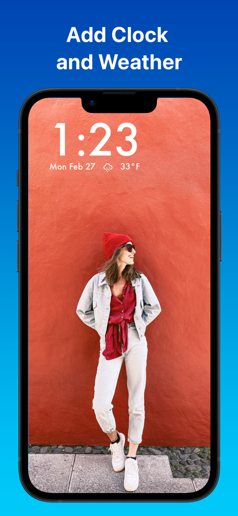 통합 시계 및 날씨 위젯이 오버레이된 디지털 사진 프레임을 표시하는 iPhone 화면