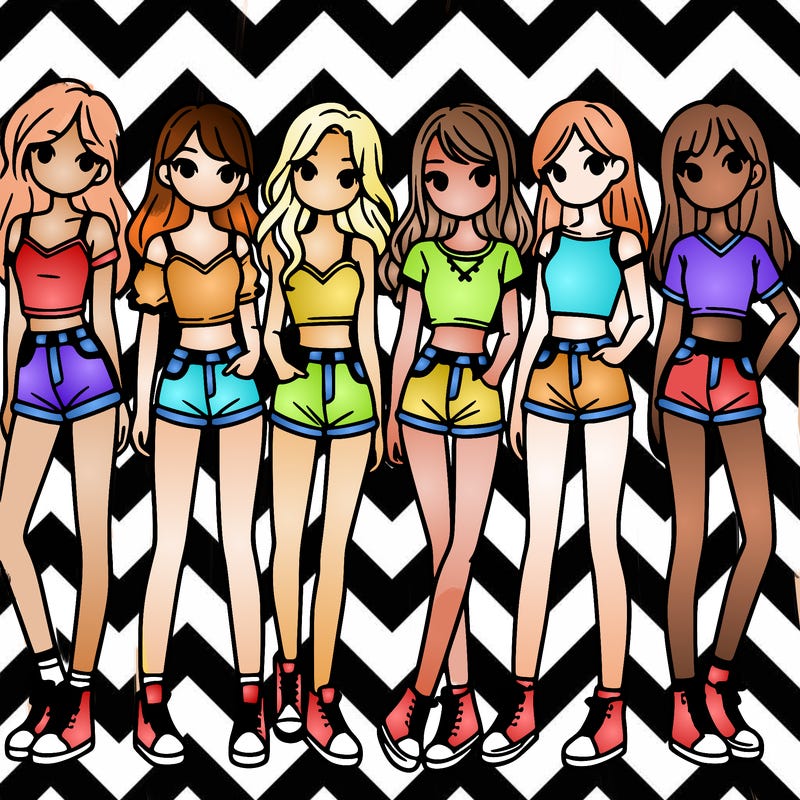 a group of girls wearing crop tops and shorts