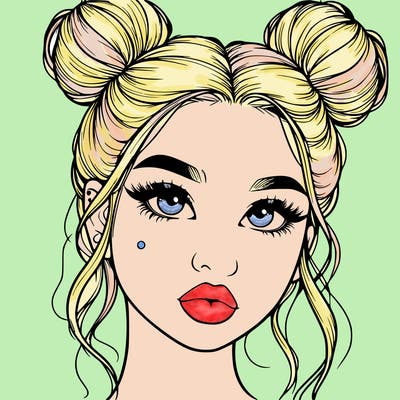 realistic girl with two buns on her hair and lips