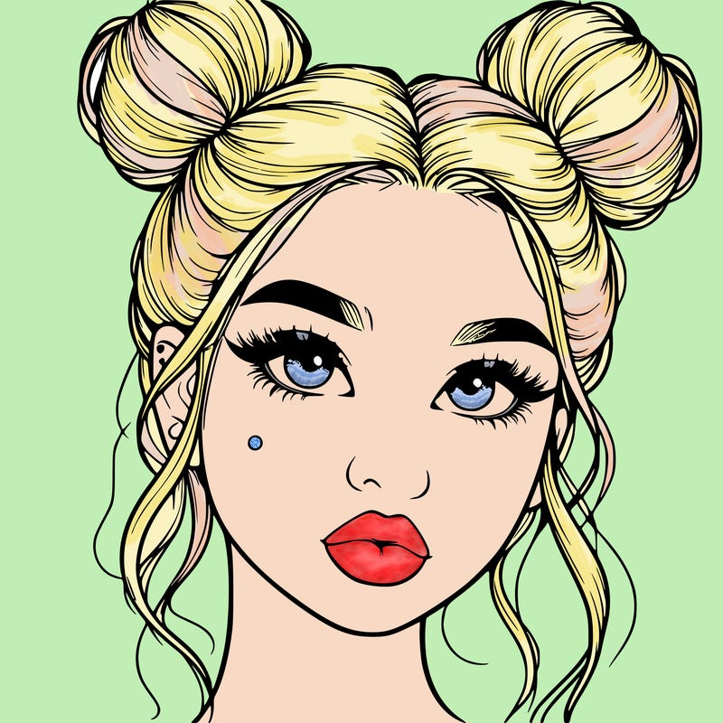 realistic girl with two buns on her hair and lips