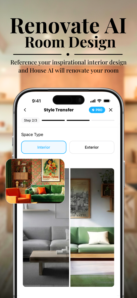 House AI - Interior Design Pro - House AI app interface showing a style transfer feature for room renovation with a colorful reference image and AI-generated design results.