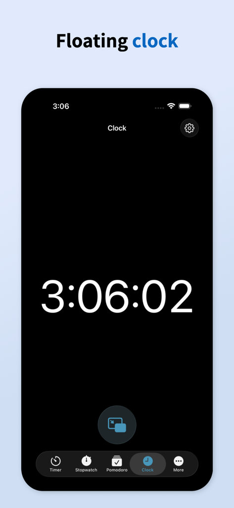 Pop Out Timer Stopwatch Clock - iPhone上のPop Out Timerアプリのフローティングデジタル時計機能を示すスクリーンショット