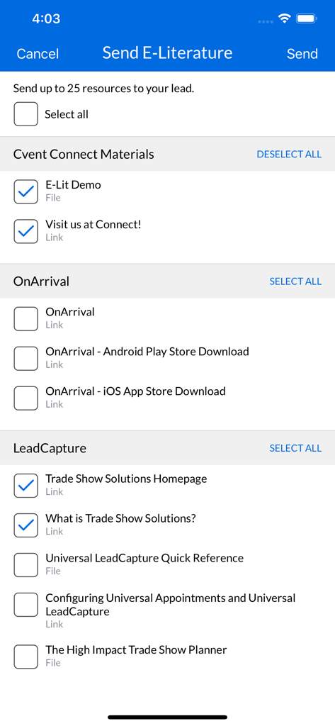 Cvent LeadCapture - A mobile application interface for selecting and sending digital marketing documents and web links to business leads.
