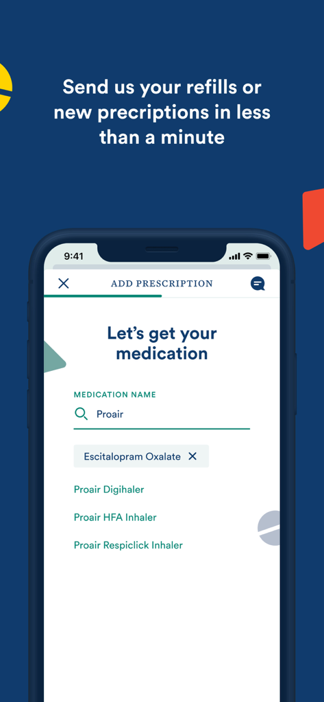 Interface of the Capsule Pharmacy app showing how to search and add a medication for delivery