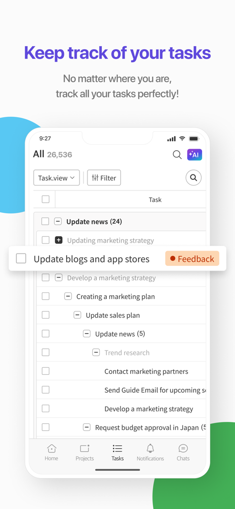 Interface móvel da ferramenta de Colaboração com IA do Flow mostrando uma lista abrangente de tarefas para gestão de projetos em equipe