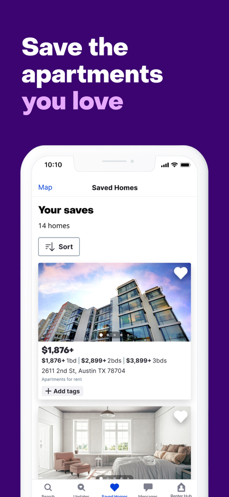 Zillow Rentals - Zillow Rentals app screen showing a list of saved apartment listings with prices and locations