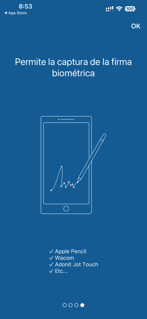 Pantalla de la aplicación Viafirma mostrando la captura de firma biométrica con soporte para Apple Pencil y lápices ópticos Wacom