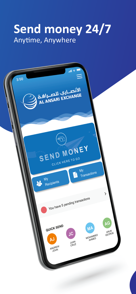 Dashboard der mobilen Al Ansari Exchange-App für internationale Geldüberweisungen rund um die Uhr