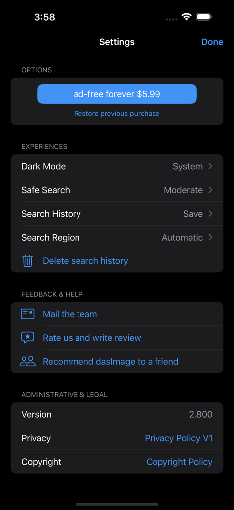 das Image Search and Explore - Settings page of the das Image Search app featuring privacy controls and search history options.