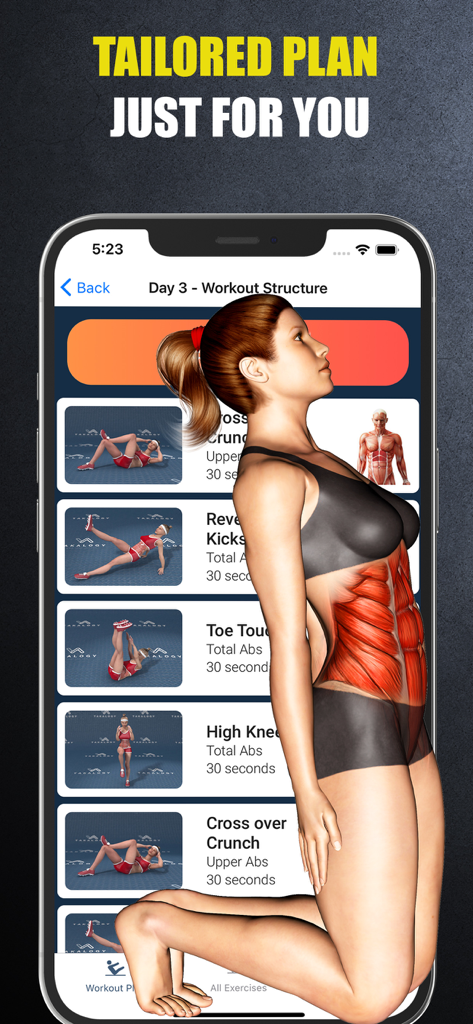Mobile app screen displaying a personalized 30 day abs workout plan with a list of exercises and a 3D anatomy model highlighting abdominal muscles