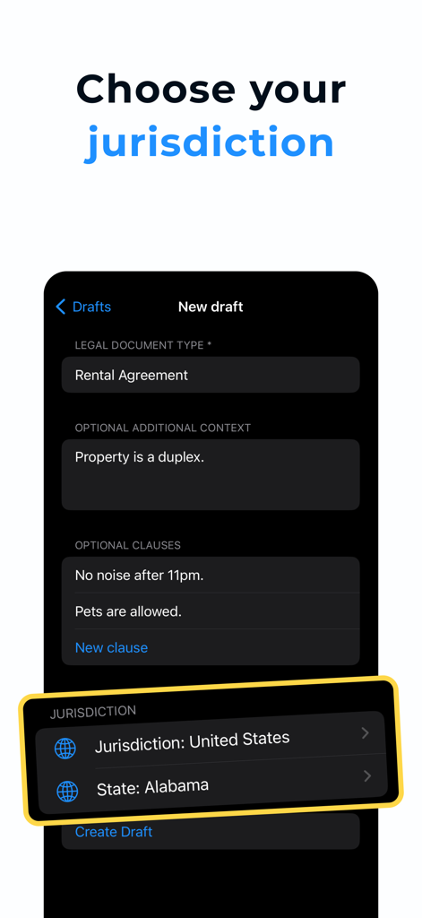 Contract Maker: Legal Draft - リーガルドラフトアプリのインターフェースで、賃貸契約書の管轄区域選択が表示されています。