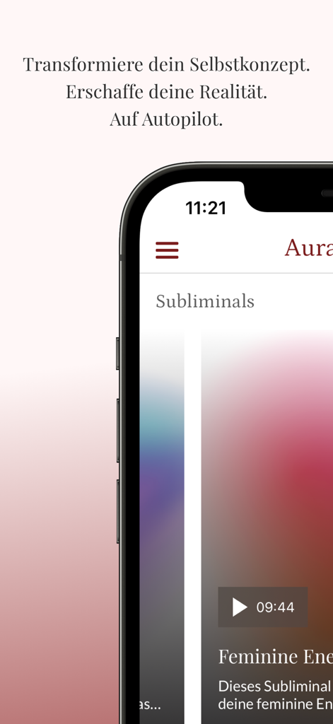 Auramagie: Subliminals+Mantras - Auramagie app interface showing subliminal audio for feminine energy with a background text about subconscious transformation