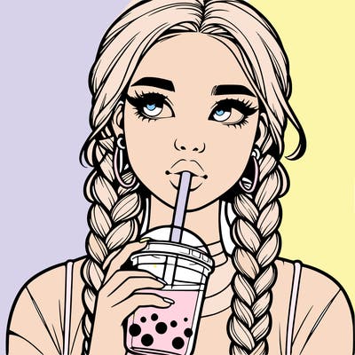 realistic girl with braided hair drinking boba