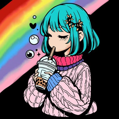 manga girl drinking boba in cozy sweater