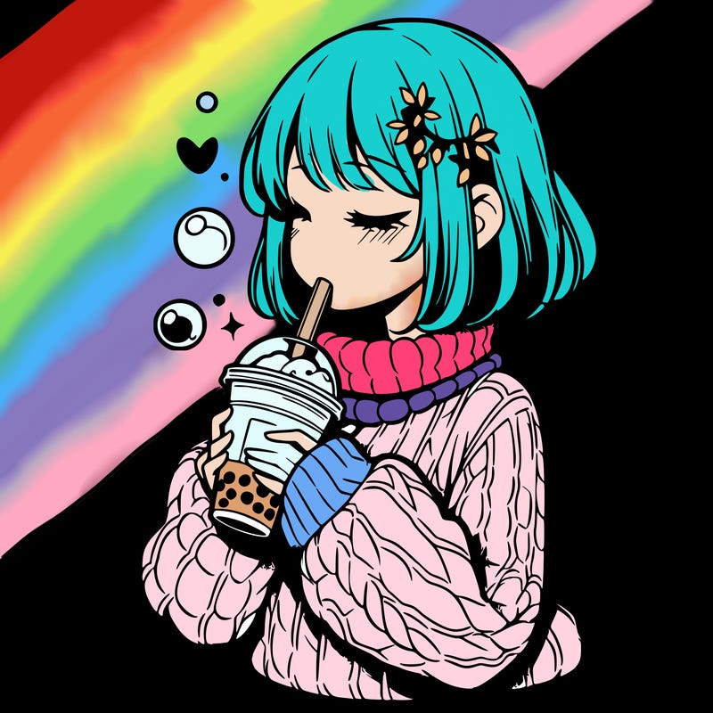 manga girl drinking boba in cozy sweater