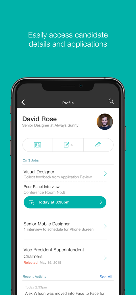 Greenhouse Recruiting - Candidate profile screen in Greenhouse Recruiting app showing application history and interview schedule.