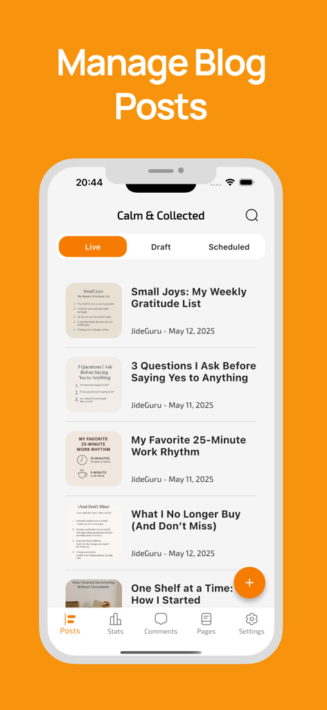 Interfaz móvil de la aplicación Blogster para Blogspot mostrando una lista de entradas de blog publicadas y opciones de gestión