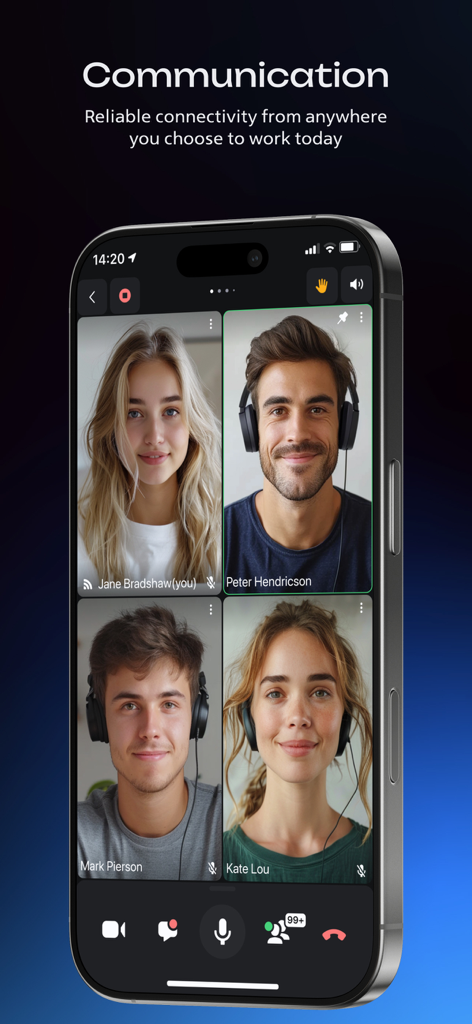 DION UC - Mobile app interface of DION UC showing a group video call with four participants