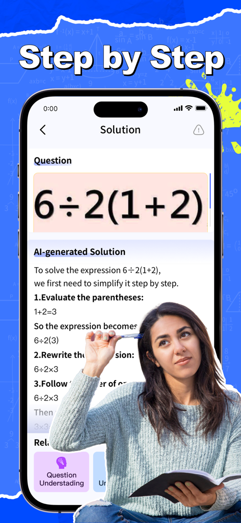AI Scan Solver Homework Helper - AI Scan Solver app showing a step by step solution for a math equation on a smartphone screen