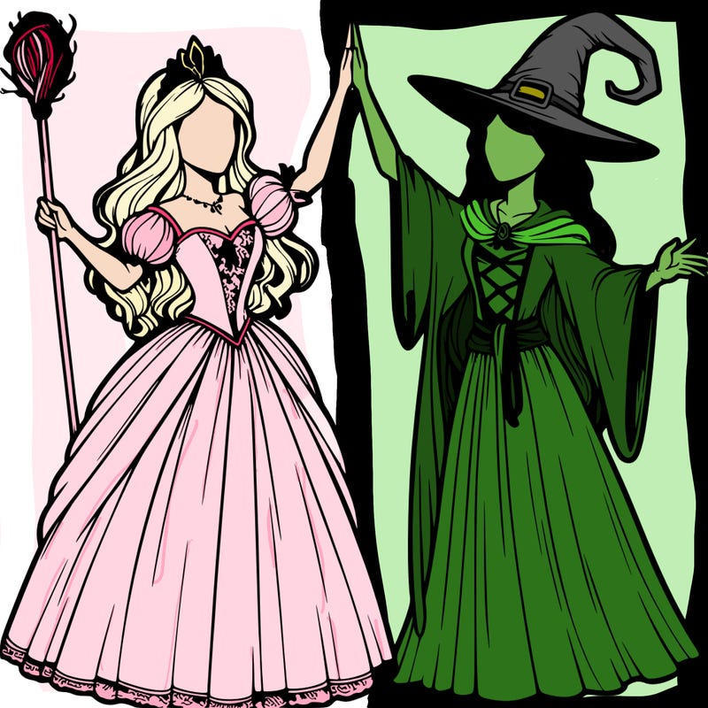 detailed realistic split of a princess and a witch