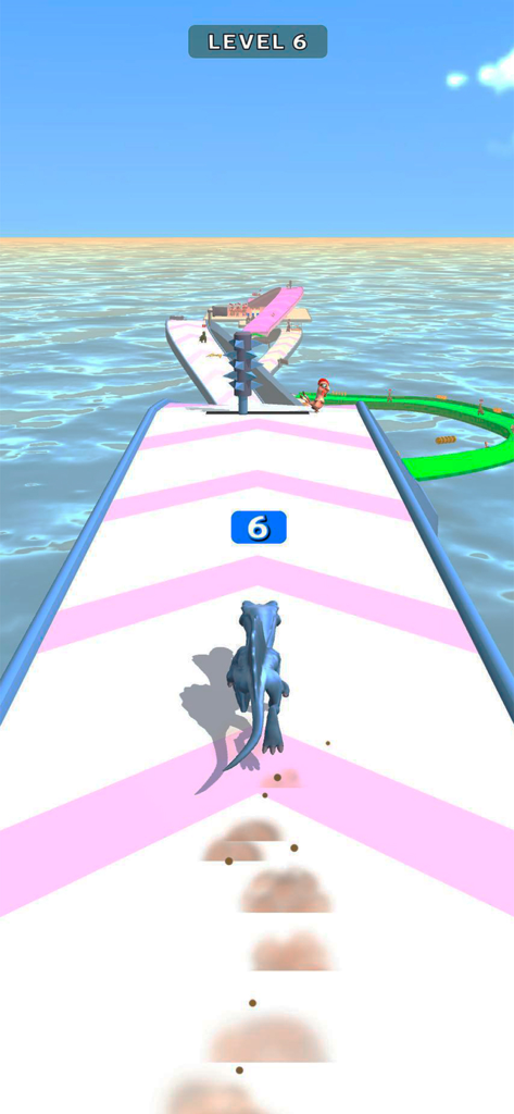 Dino Run: Dinosaur Runner Game - Um dinossauro azul corre por uma pista colorida sobre o oceano no jogo mobile Dino Run