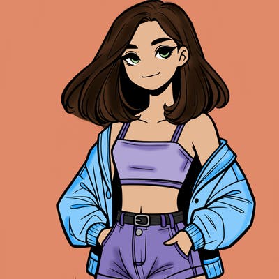 a realistic girl with a crop top and short shorts in an open jacket