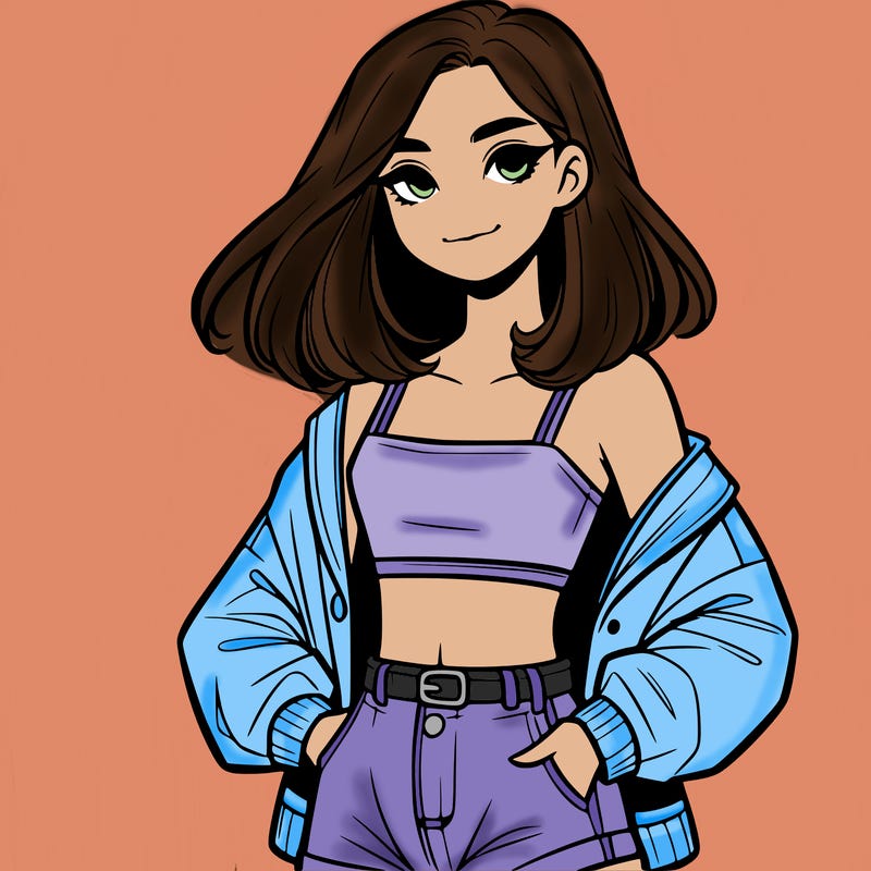 a realistic girl with a crop top and short shorts in an open jacket