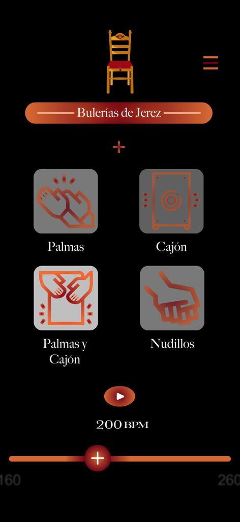 Flamenco Compás - Flamenco Compas app interface showing Bulerias de Jerez rhythm options with icons for palmas, cajon, and nudillos at 200 BPM