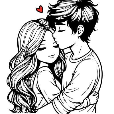 a realistic couple boy and girl hugging and kissing