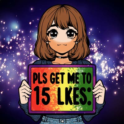 realistic girl holding up a sign that says “pls get me to 15 likes!”