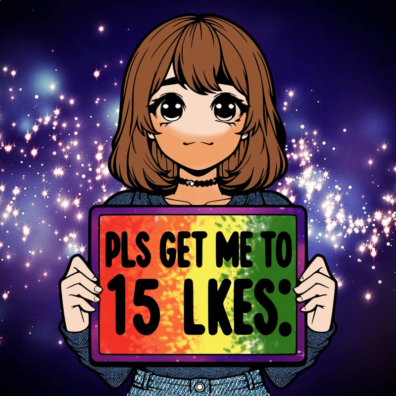 realistic girl holding up a sign that says “pls get me to 15 likes!”