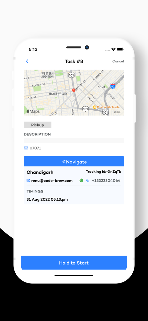 SXM2Go Driver - SXM2Go Driver app task details screen with map and navigate button
