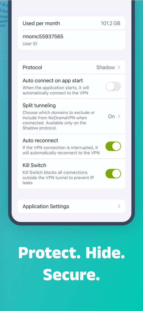 NoDrama VPN - NoDrama VPN app settings menu showing options for Kill Switch, Auto reconnect, and Split tunneling on iPhone.