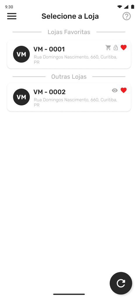Uma tela de smartphone do aplicativo VMmarket exibindo uma lista de lojas de micromercado disponíveis para seleção de compras.