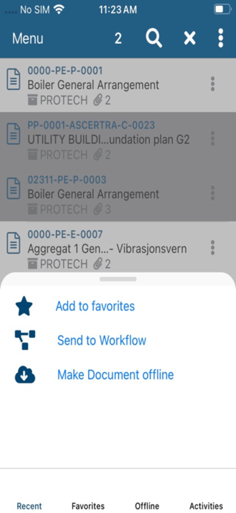 Proarc OnPrem 7.5 - Proarc OnPrem 7.5 mobile interface displaying technical document menu with workflow and offline options